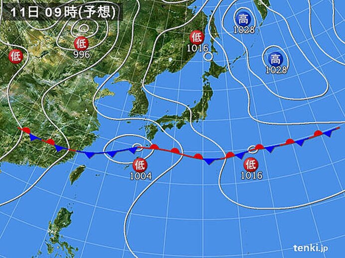 11日(土)は広く雨　激しい雨の降る所も