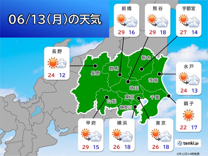関東甲信　あす13日は広く晴れ　その先度々雨雲がかかる　15日午前は本降りの雨に