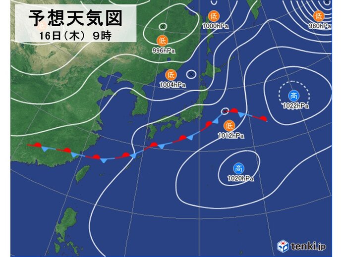 明日16日(木)　梅雨前線やや南下　梅雨の晴れ間