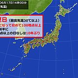 真夏日100地点以上　6月になって初　6月前半100地点以上の日なしは10年ぶり