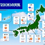 23日(木)　梅雨前線は活動弱まる　暖湿気流入で局地的に雨や雷雨　真夏の暑さ