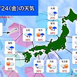 24日の天気　日本海側は雨や雷雨で非常に激しい雨の恐れ　太平洋側も急な雷雨に注意
