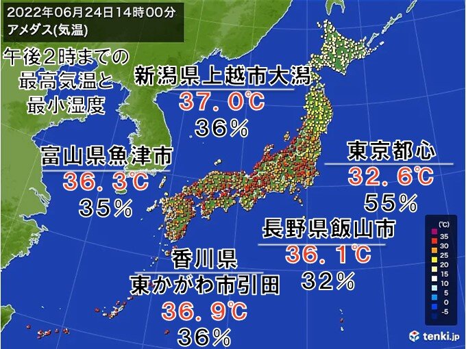 フェーン現象で気温上昇 35 を超えた所の湿度は30パーセント台 水分補給を 気象予報士 日直主任 22年06月24日 日本気象協会 Tenki Jp