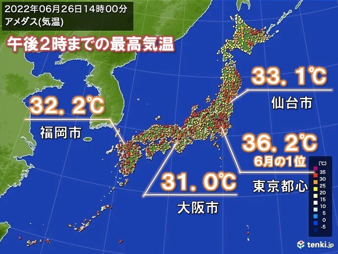 夏の空気 東京都心36℃台 6月としては観測史上1位 7月初めにかけて厳しい暑さ(気象予報士 日直主任 2022年06月26日) - tenki.jp
