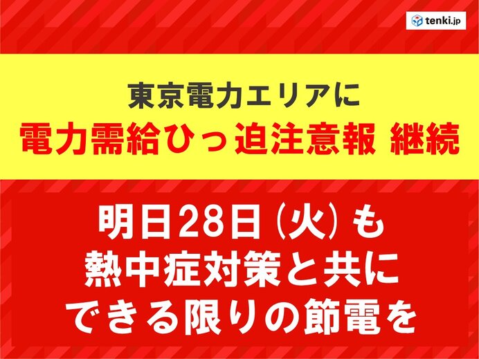 東京電力エリア　「電力需給ひっ迫注意報」継続　明日28日も電力ひっ迫　節電を