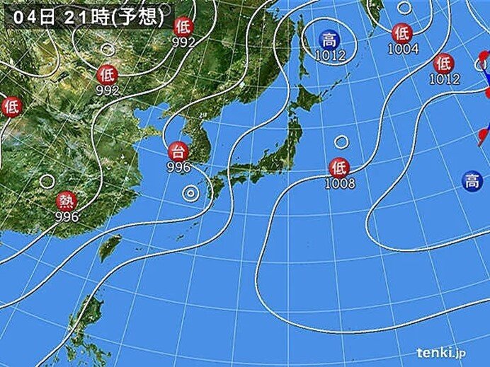 4日(月)　台風4号は九州の西に進む予想　北日本や東日本の上空には寒気