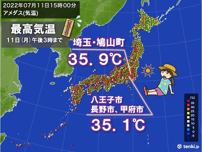 アメダス約6割で真夏日 八王子や熊谷 甲府 長野で猛暑日 12日 火 も蒸し暑い 気象予報士 石榑 亜紀子 22年07月11日 日本気象協会 Tenki Jp