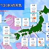 きょう13日の最高気温　北陸や東海以西は広く30℃以上　蒸し暑い