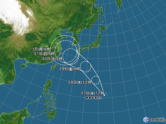 熱帯低気圧が台風に発達し、北上する見込み