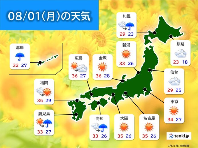 8月の始まりは広く晴れ　天気の急変と危険な暑さに注意　沖縄や九州は台風の影響続く