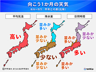 お盆休みも厳暑　9月初めにかけて九州～関東は降水量少ない　台風の季節　1か月予報