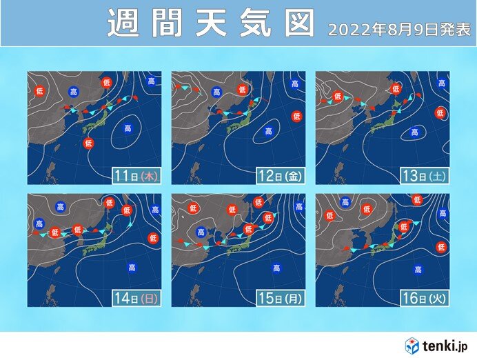 お盆期間中も前線は南北に波打ちながら日本海に停滞　13日頃や16日頃は北陸沿岸まで南下　北陸の広い範囲で大雨となる可能性