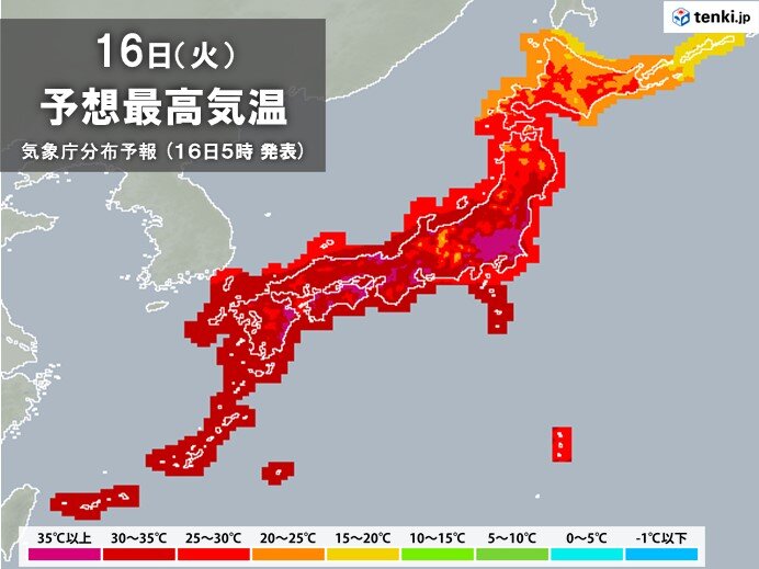 16日　九州～東北南部35℃前後　関東の内陸40℃くらいの酷暑　熱中症に警戒