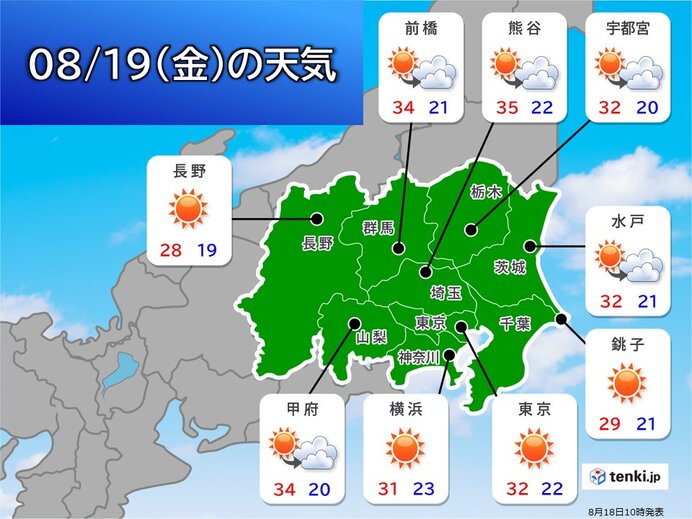 関東　あす19日は天気回復　暑さも復活　内陸部は「猛暑日」の所も　いつまで暑い?