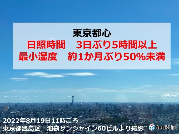 東京都心　日照時間3日ぶり5時間以上　最小湿度約1か月ぶり50パーセント未満