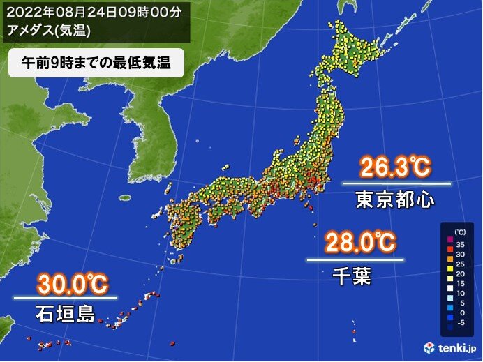 けさ　東京都心　8日ぶりの熱帯夜　関東から九州は昼間もムシムシ　熱中症に警戒