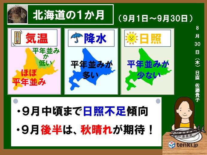 北海道の1か月　9月中頃まで日照不足傾向