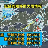 滋賀県で1時間に約90ミリ「記録的短時間大雨情報」