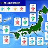 きょう9日の洗濯指数　北海道は洗濯日和　本州付近は所々で雨や雷雨