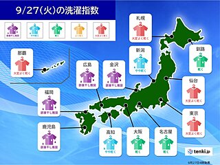 きょう27日の洗濯指数　北海道～関東は乾きやすい　北陸～九州は部屋干し推奨