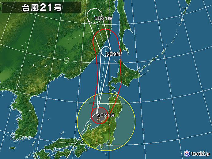 台風21号　東北が危険半円に入りました