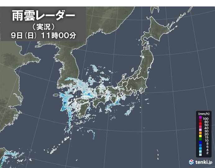 九州～東海の所々に雨雲　今夜は激しい雨や雷雨も　午後は雨エリア東へ広がる