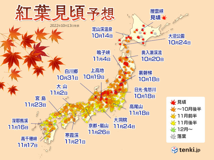 ことしの紅葉は平年並み　冷え込みで色づき進みそう