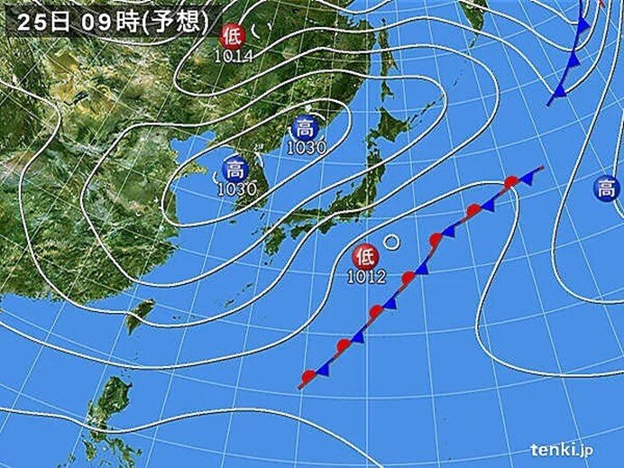 25日　北東の冷たい風　関東を中心に強風　急な強い雨や雷雨に注意