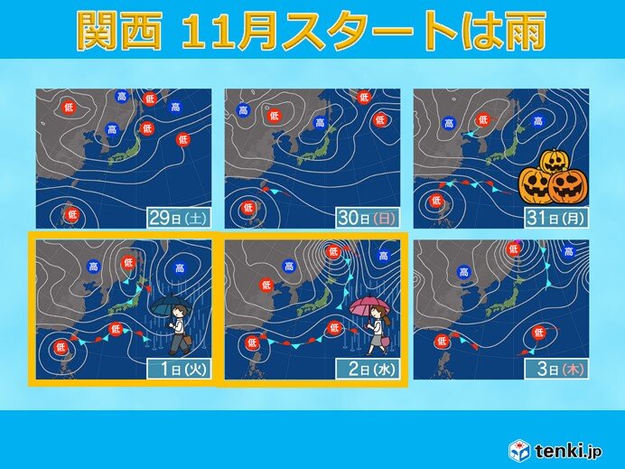 関西　ハロウィンまで大体晴れ　11月スタートは雨