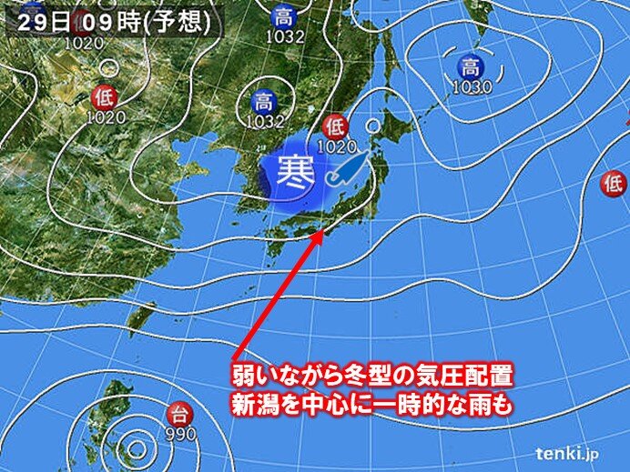 29日(土)は弱いながら寒気の影響を受ける　新潟を中心に時雨
