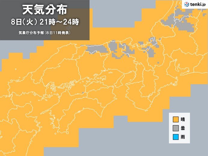 今夜の天気　中部と南部では晴れる所が多い　北部は雲が広がりやすいものの隙間から楽しめそう