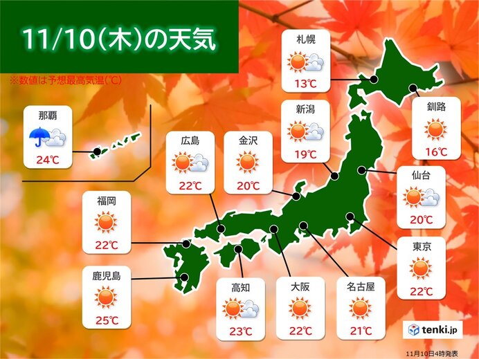 きょう10日の天気 東北の日本海側や沖縄は雨や雷雨 関東から九州は晴れて小春日和(気象予報士 吉田 友海 2022年11月10日) - tenki.jp