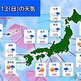 きょう13日　全国的に荒れた天気　大雨や雷雨、強風に注意　夜は気温が急降下