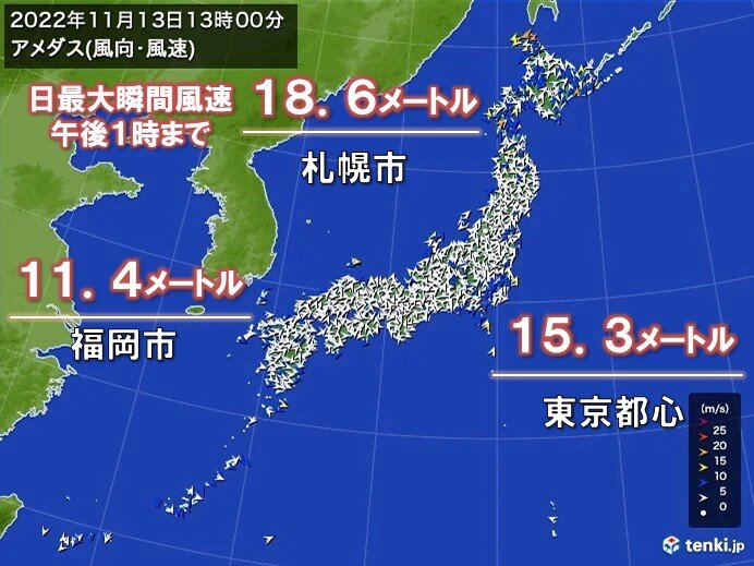広く風強まる　北海道を中心に瞬間的に20メートル超　東京都心なども15メートル超