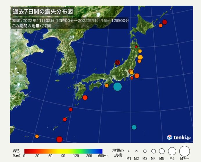 ここ1週間の地震回数　震度4以上の地震3回　異常震域も