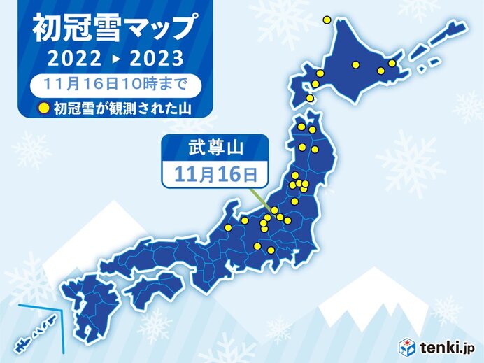 前橋地方気象台から武尊山で「初冠雪」　11月16日はいい色の日　都心は澄んだ青空