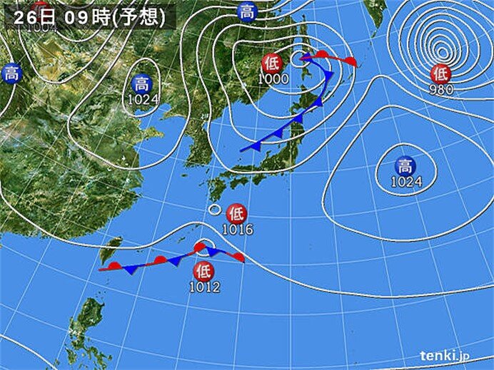 26日(土)　北海道で雨や風が強まる恐れ