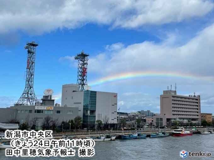 雨上がりの空に「時雨虹(しぐれにじ)」出現　24日(木)午後も虹のチャンスあり