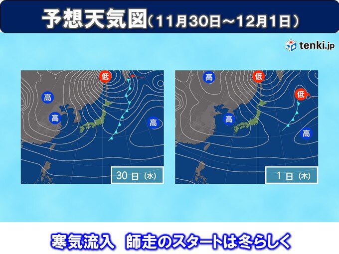 30日～12月1日　寒気南下で一気に冬へ