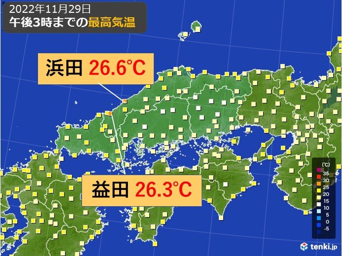 島根県浜田市で26.6℃も　あす30日は12℃!?　中国山地は2日にかけて積雪も_画像