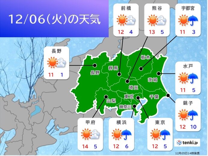 明日6日(火)　通勤、通学の時間帯　冷たい雨