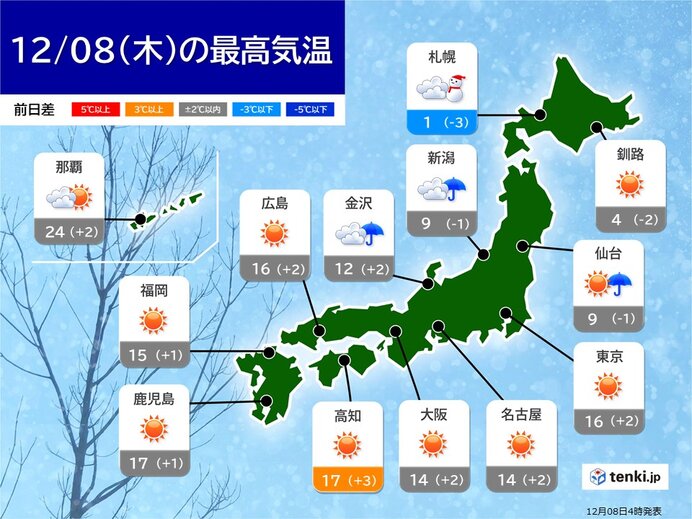 きょう8日　北海道～近畿の日本海側　雪雲や雨雲かかる　北陸付近は雷が鳴る所も