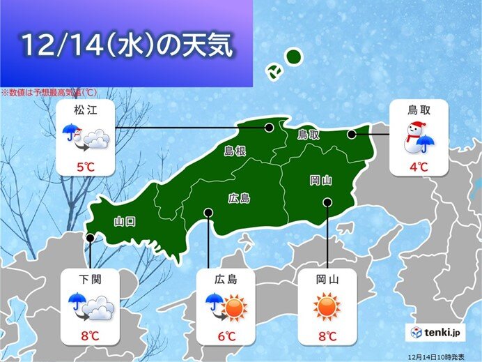 中国地方 冬の嵐 山陰中心に雪が降り山地で積雪も 強風や高波に注意 気象予報士 古庄 栄子 22年12月14日 日本気象協会 Tenki Jp