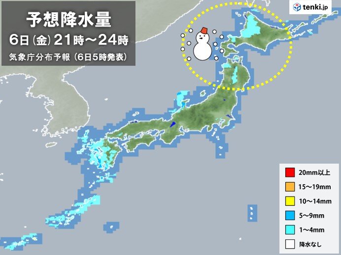 夜は九州で雨雲広がる