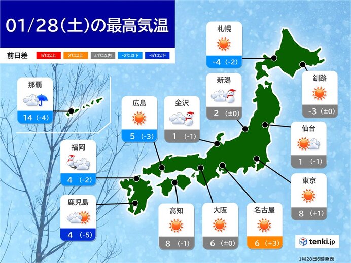 28日(土)　山陰から北陸を中心に大雪　列車運休など影響　太平洋側は晴れても極寒