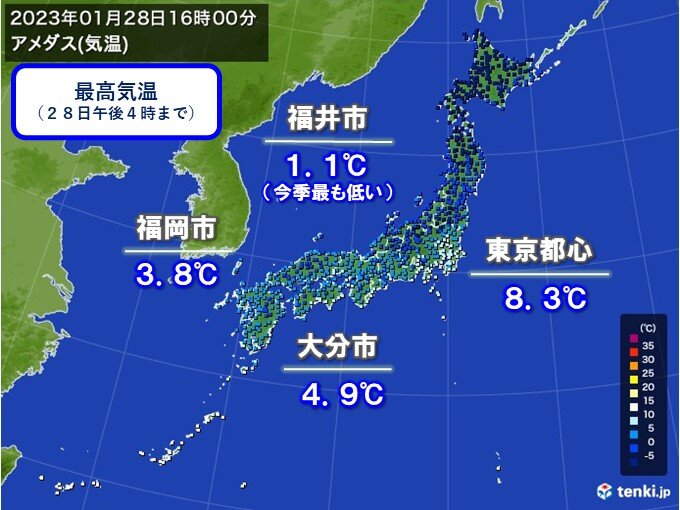 列島各地で厳しい寒さ　福井市で最高気温1℃台　九州は軒並み5℃未満