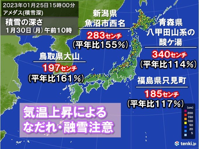 10時の積雪　平年を大幅に上回る所も