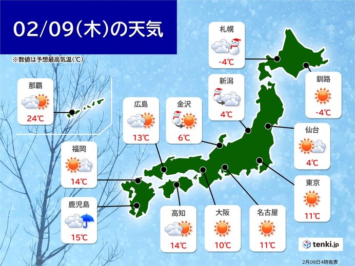 きょう9日　北日本の日本海側は吹雪　太平洋側は晴れて空気が乾燥　風の冷たい一日に