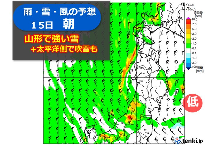 15日朝　山形県で雪強まる　太平洋側も一部で吹雪く