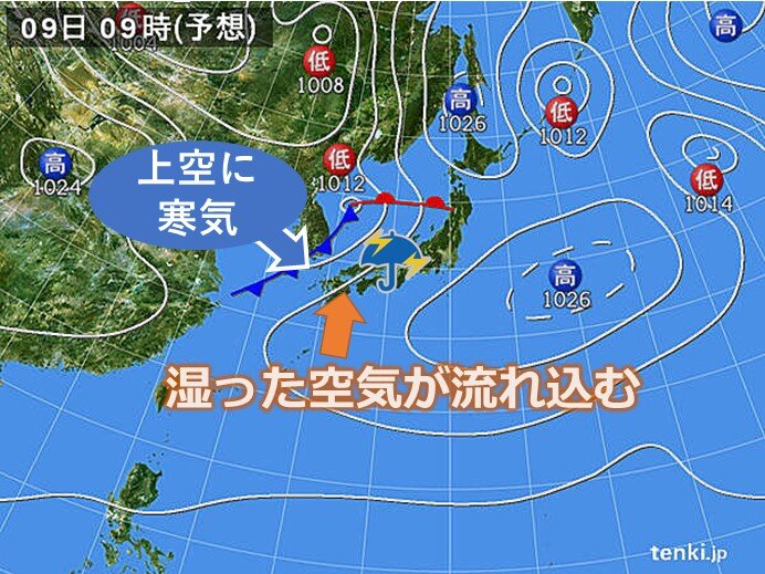 明日9日午後は大気の状態が非常に不安定に